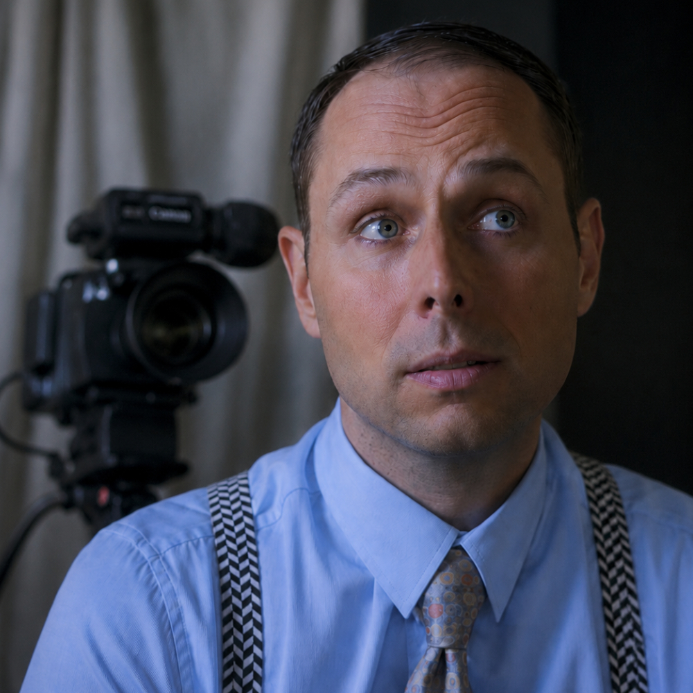 Martin Blais dans le rôle de l'assistant du producteur dans le court métrage québécois Fleur de peau, réalisé par Florence Beaudoin et Sidney Pallet.