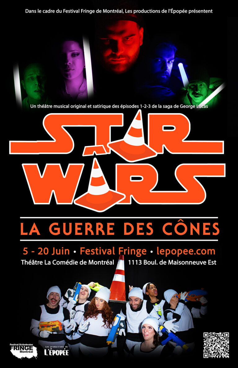 Affiche de La Guerre des Cônes, présentée au Festival Fringe de Montréal en 2025 / Poster for La Guerre des Cônes, presented at the Montreal Fringe Festival in 2025