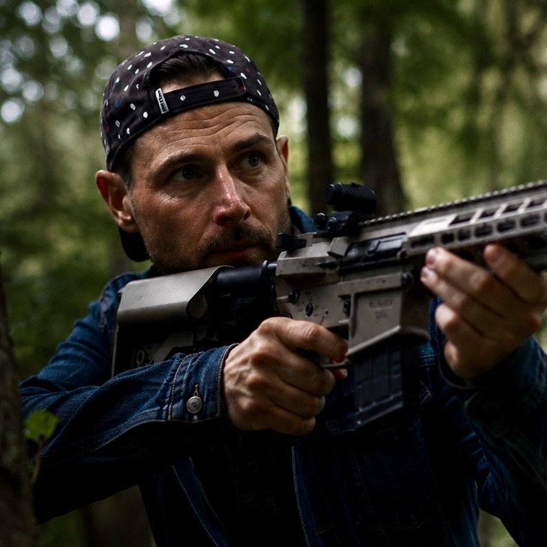Martin Blais dans le rôle d’Eugene, armé dans une forêt dans le film Untrodden 2: The Treasure of the Algonquin People.