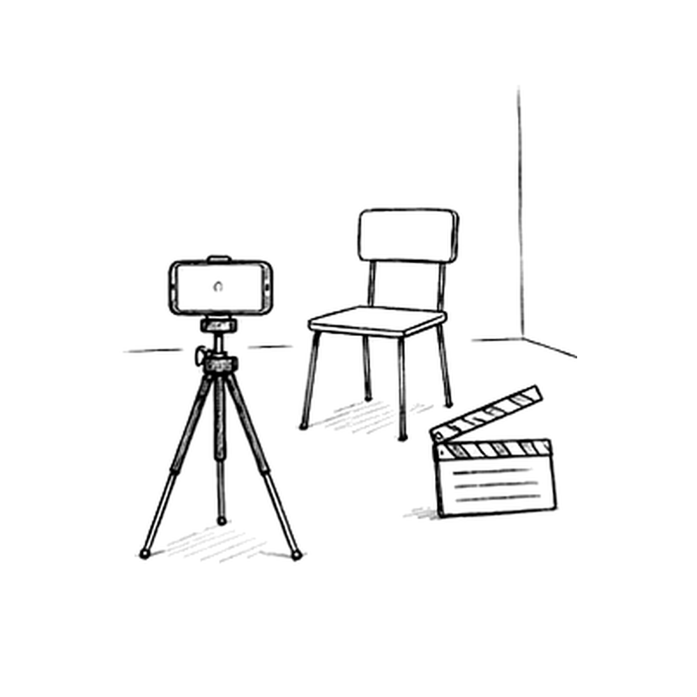 Illustration en noir et blanc d’un téléphone sur trépied face à une chaise, avec un clap de cinéma au sol.