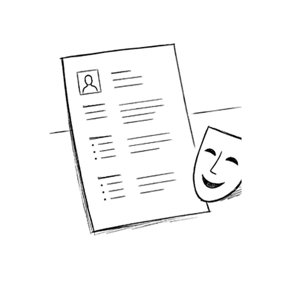 Illustration en noir et blanc d’une feuille de CV avec portrait et lignes de texte, accompagnée d’un masque de théâtre souriant.