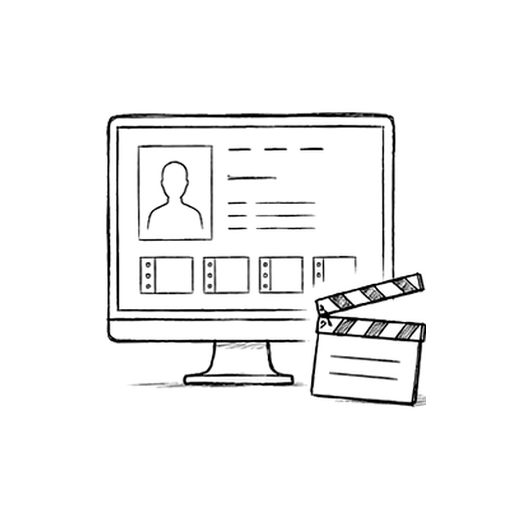 Illustration en noir et blanc d’un écran affichant un profil avec portrait et vignettes vidéo, devant un clap de cinéma.
