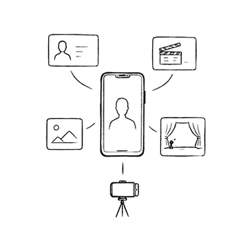 Illustration en noir et blanc d’un téléphone affichant un profil, entouré d’icônes de photo, vidéo, scène et caméra.