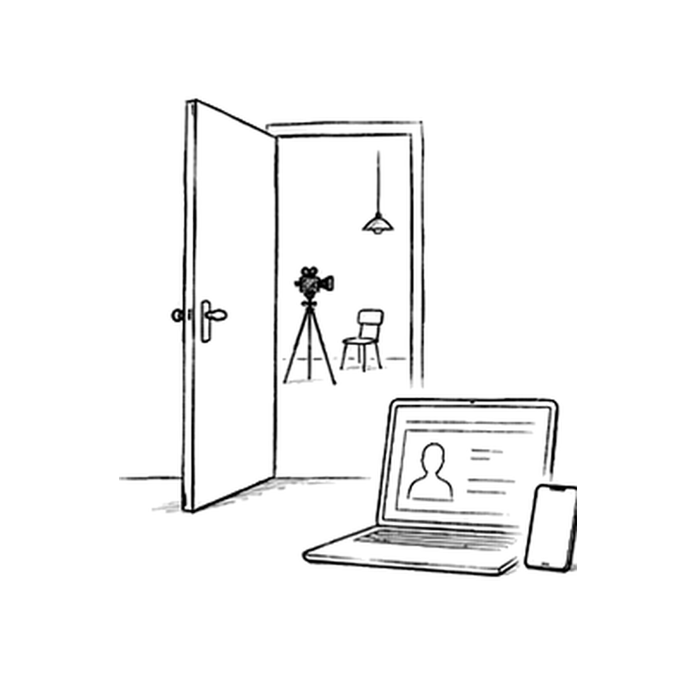 Illustration en noir et blanc d’un écran de profil avec portrait et d’une loupe pointée vers une liste d’auditions.