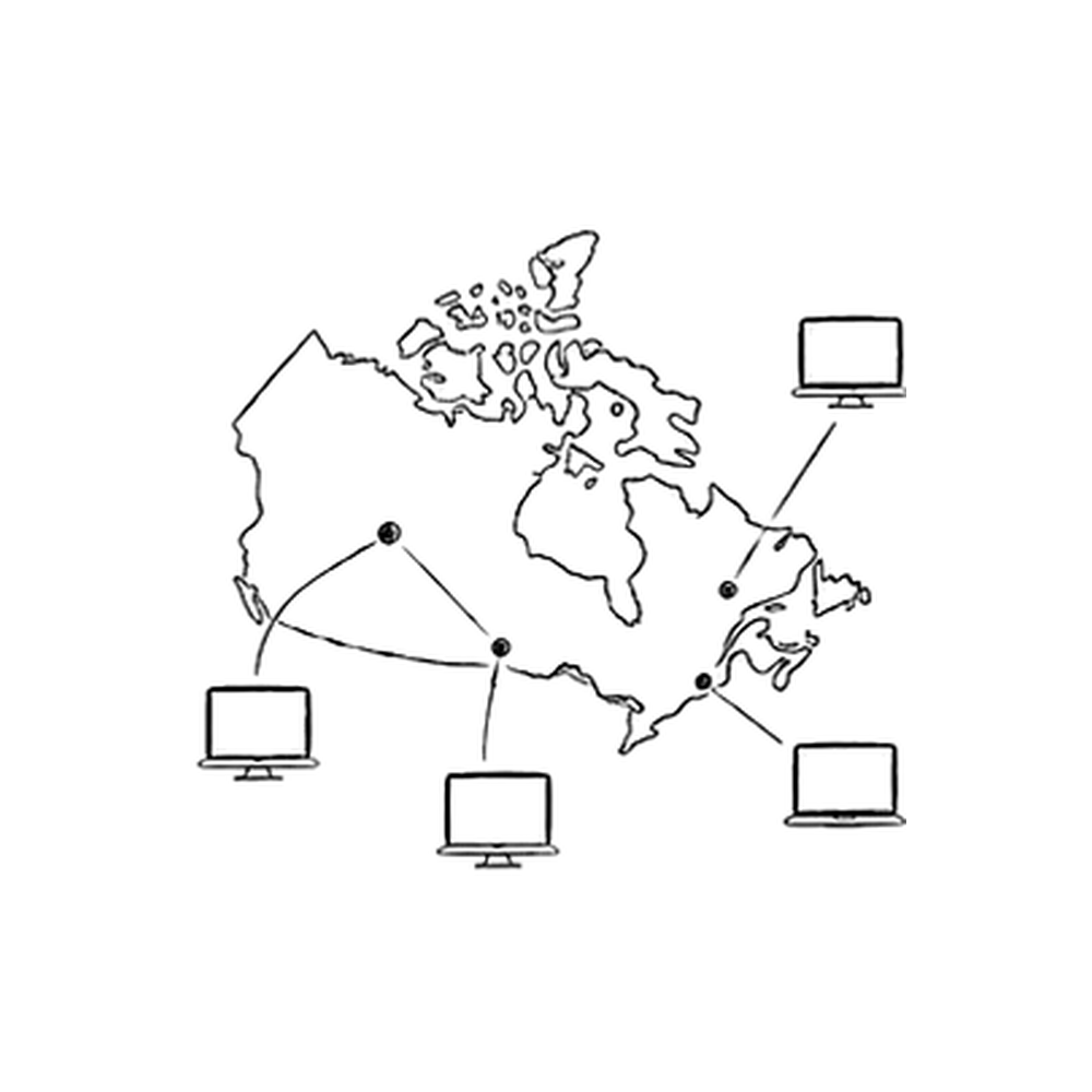 Illustration en noir et blanc d’une carte du Canada entourée de plusieurs écrans reliés, représentant différentes plateformes de casting.