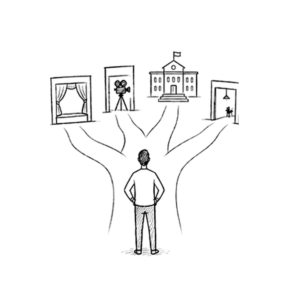 Illustration en noir et blanc de plusieurs portes alignées, dont une ouverte, avec des silhouettes et des symboles de formation.