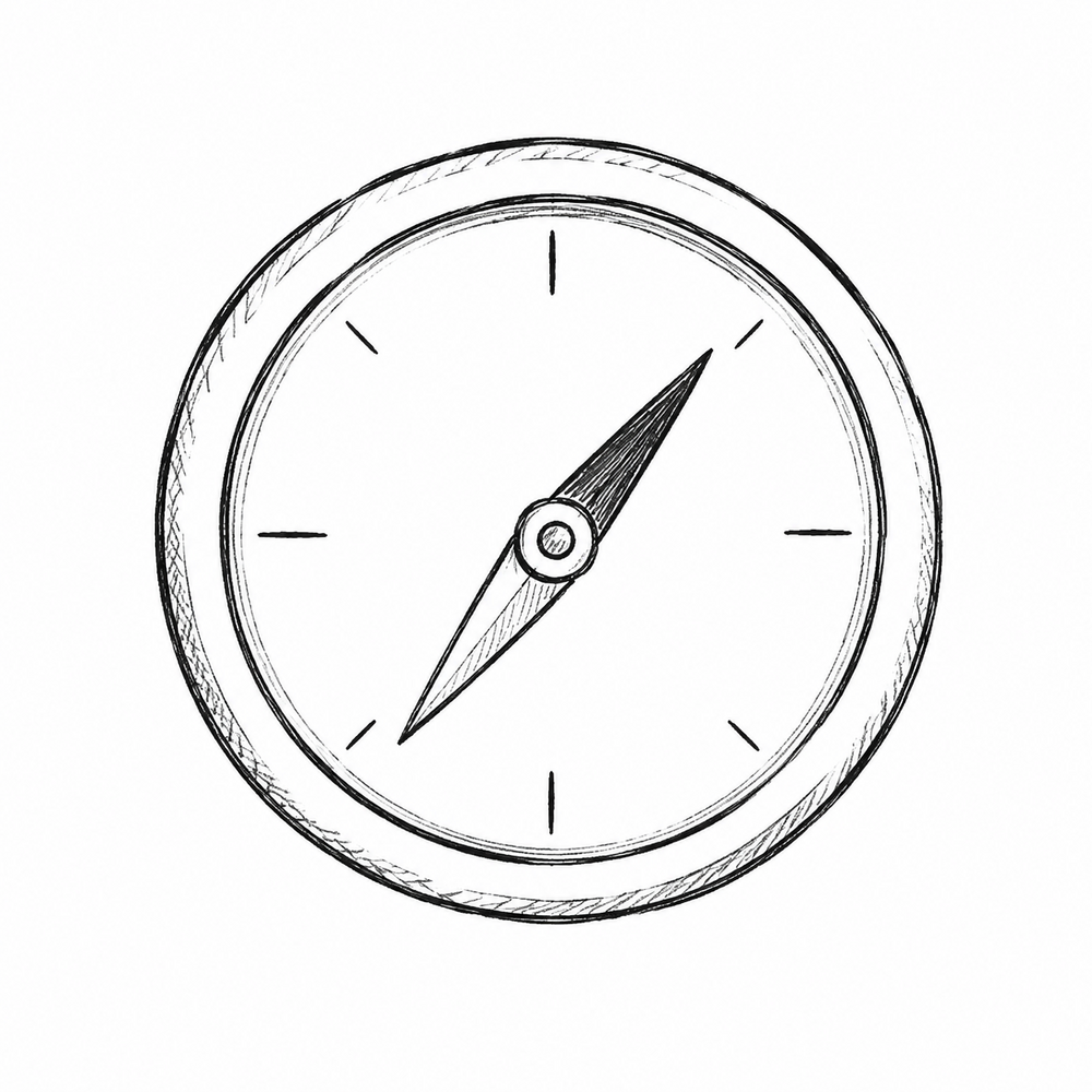 Illustration en noir et blanc d’une boussole dessinée à la main pour l’Article 6 du Guide de l’acteur. Elle représente le type d’acteur comme un outil d’orientation permettant de comprendre son positionnement, de cibler ses rôles et de développer sa carrière au Canada.