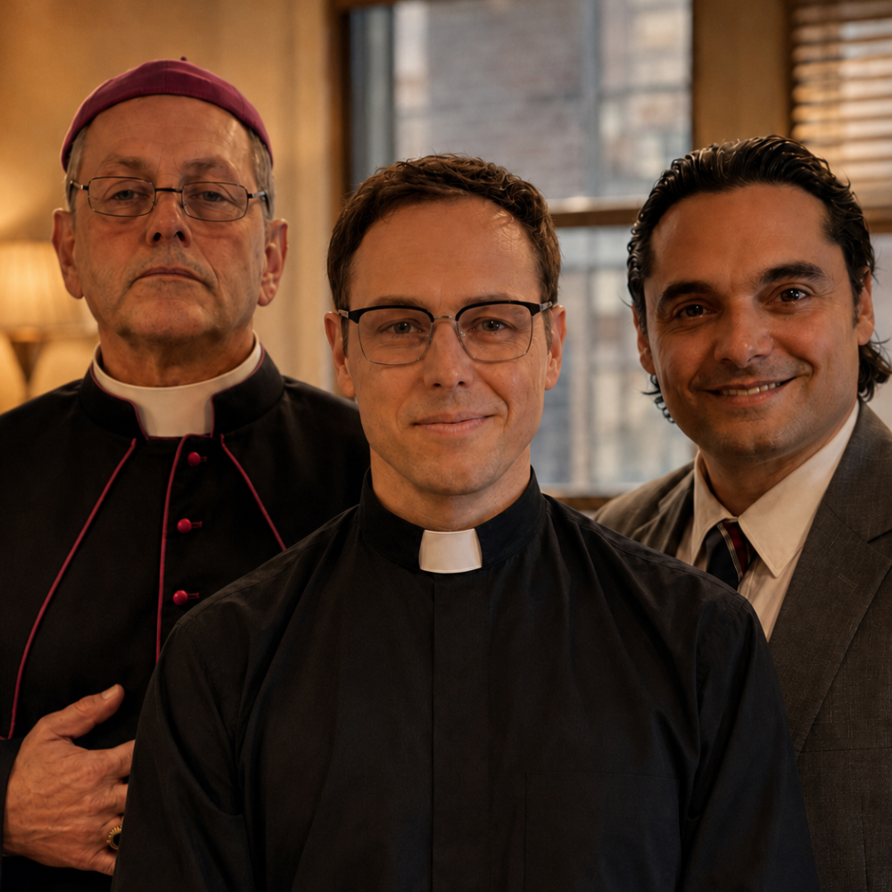 in-the-name-of-clericalism_bg Photo prise sur le plateau du film In the name of clericalism. Martin Blais dans le rôle de Padre Virginio Rotondi, accompagné de Rocko Paolo dans le rôle du Bishop and Fabrizio Megali dans le role du businessman)
