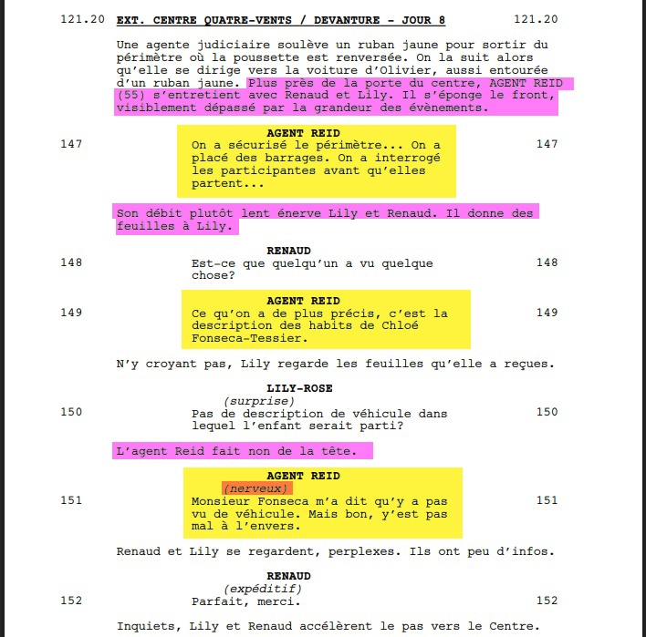 Highlighted script excerpt for Sergeant Reid in Alertes