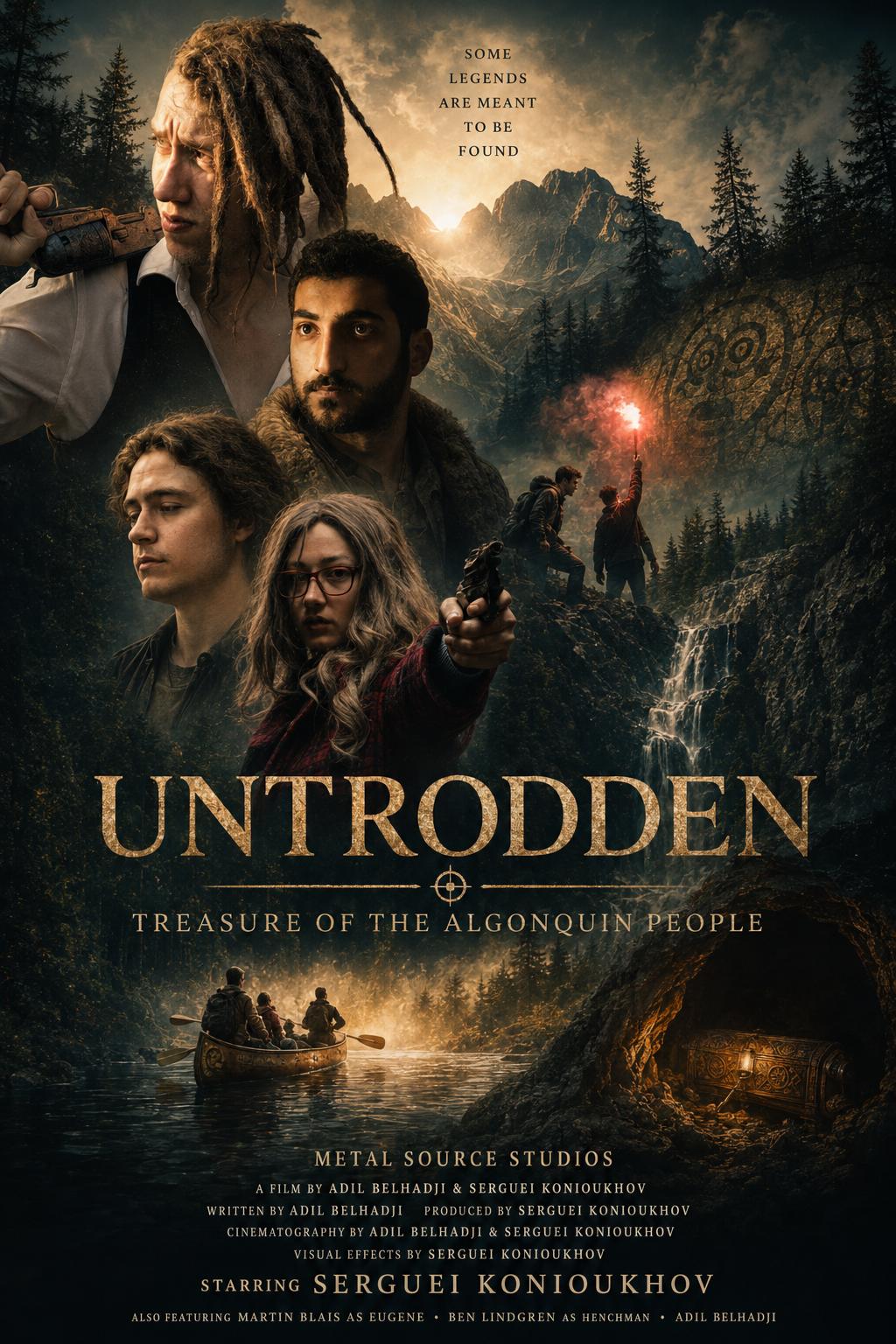 Affiche du film Untrodden 2: The Treasure of the Algonquin People, avec Serguei Konioukhov, Martin Blais dans le rôle d’Eugene et les principaux personnages du film.